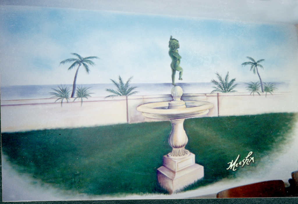 Miami beach mural with park and European fountain