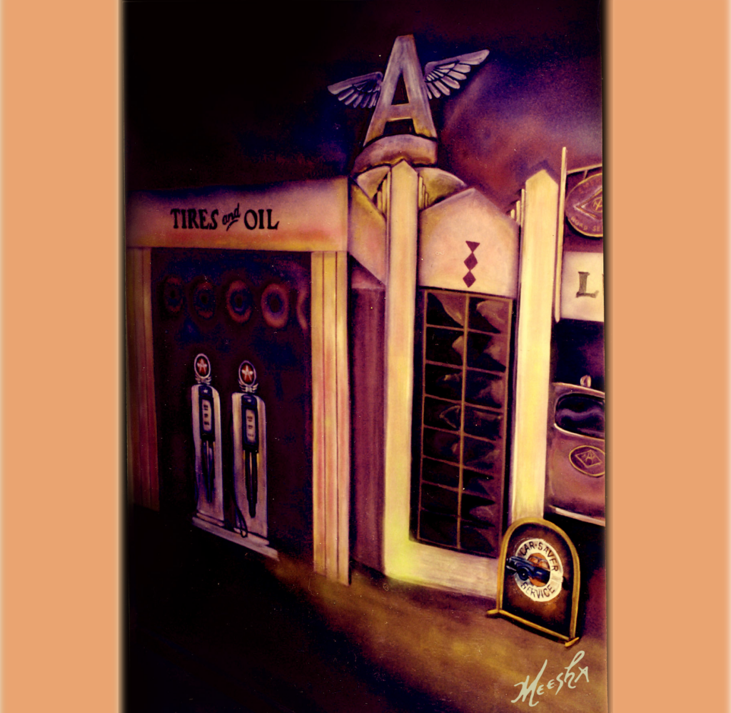 1950s mural with a gas station theme